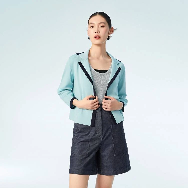 OVV春夏新款女装优雅桑蚕丝撞色小西装款式针织外套GWZAJ13009A