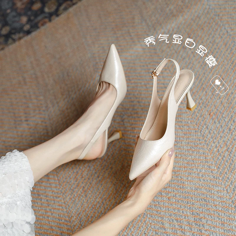 羊皮尖头后空细跟高跟鞋女2025春夏季韩版新款一字带法式包头凉鞋