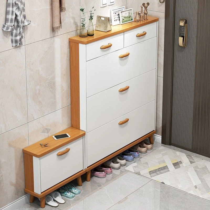 北欧超薄鞋柜门口进门靠墙翻斗玄关柜子换鞋凳一体实木腿收纳鞋架