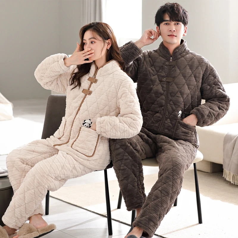 2023新款冬天厚睡衣情侣装三层加厚珊瑚绒夹棉保暖立领拉链家居服