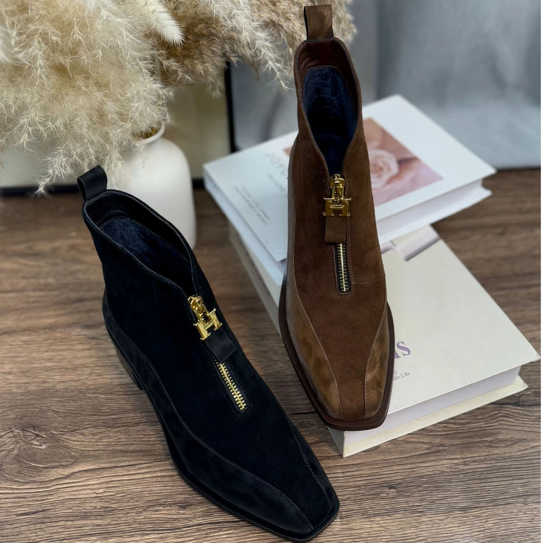 2024跨年炸街爆品秋冬3CM冰丝牛皮反绒拼接时尚高端女鞋真皮休闲