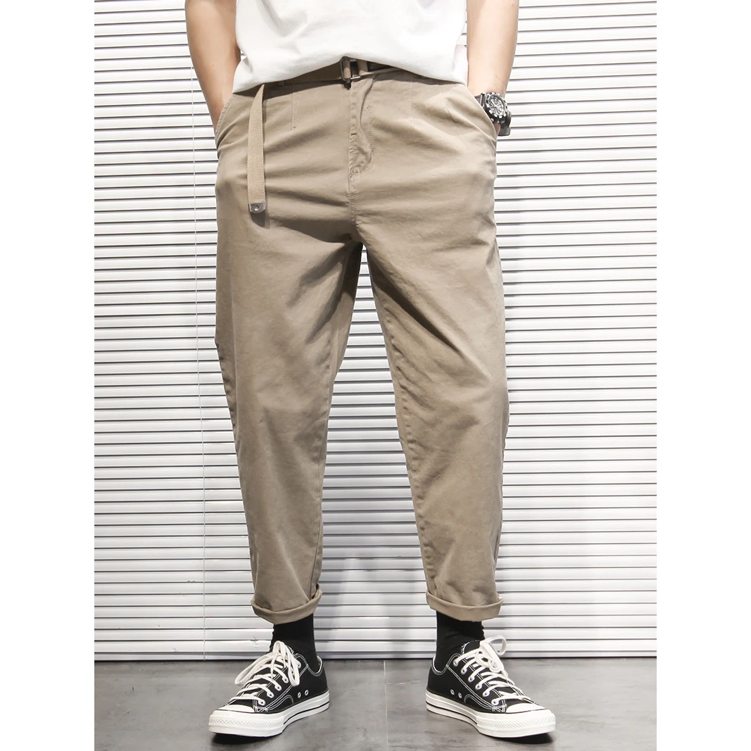 高端美式重工纯棉复古水洗宽松简约工装裤潮品休闲裤配腰带九分裤