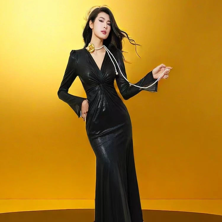 时尚气质显瘦轻奢名媛礼服长款收腰修身长袖鱼尾连衣裙