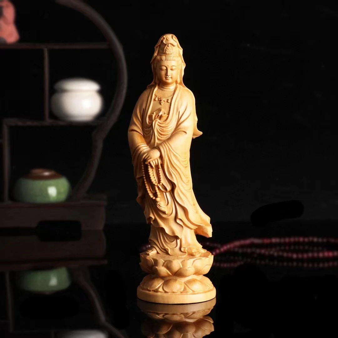 崖柏木雕念珠观音桌面摆件高21公分