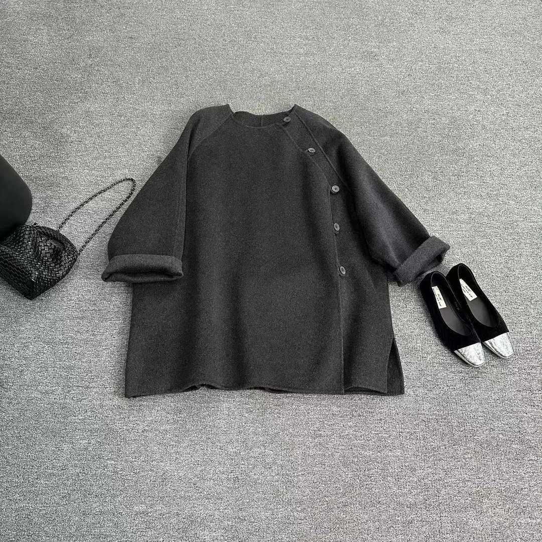 瑶睿安220斤 原创设计双面绒纯手工新中式斜襟大衣气质中长款521
