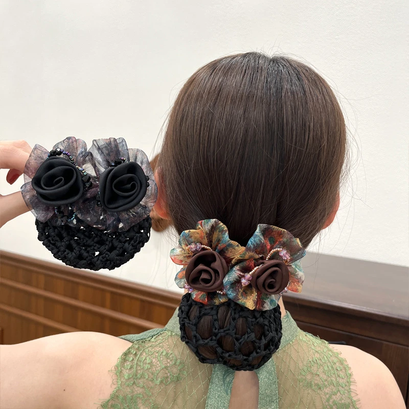 非金属布艺发饰高档双花发网发夹马尾夹碎发神器气质头饰时尚优雅