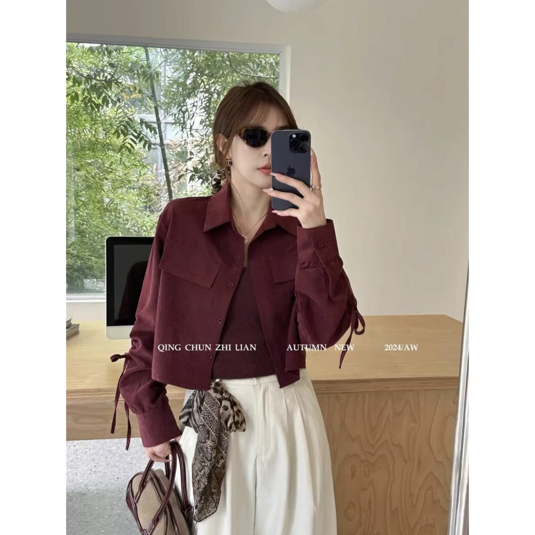 安可拉红纯色抽褶系带宽松短款衬衫外套女秋季简约吊带背心两件套