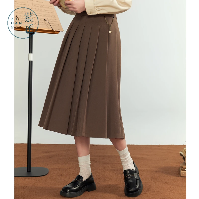 紫涵学院风百褶半身裙女秋季新款小个子高腰显瘦中长款a字裙