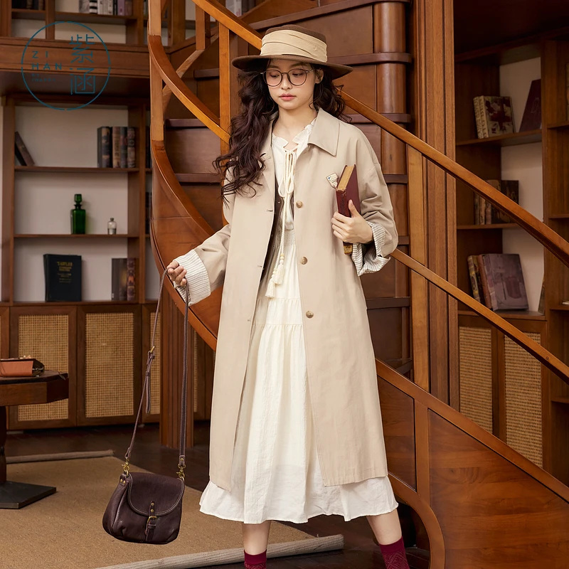 紫涵翻领单排扣风衣女秋上新复古英伦风气质中长款外套Z4Z07BS247