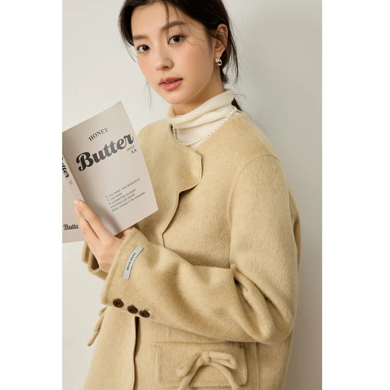 紫涵俏皮蝴蝶结设计感100%绵羊毛双面呢外套呢子Z4Z10AW716