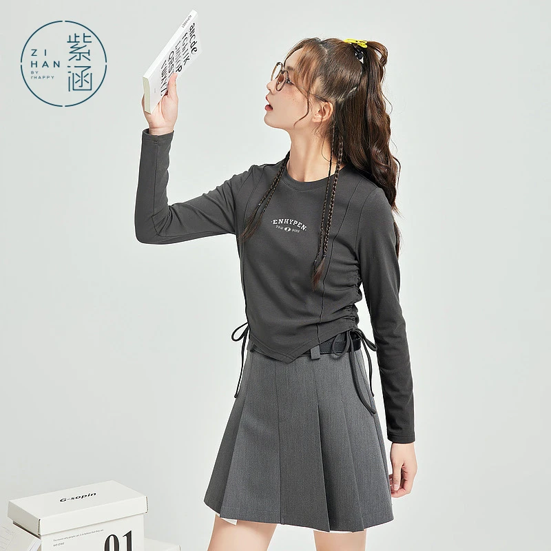 紫涵圆领修身长袖T恤卫衣女字母印花欧美鱼骨打底衫秋Z3Z08AS349