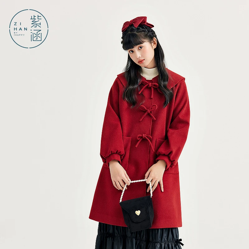 紫涵A型方领毛呢大衣女冬季新款学院风门襟手打蝴蝶结Z3Z10AS114