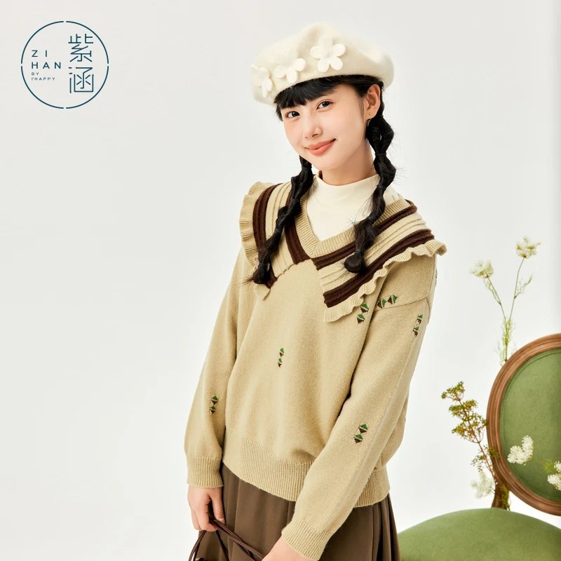 紫涵撞色娃娃领套头针织衫冬学院风Z3Z11AS390长袖针织衫