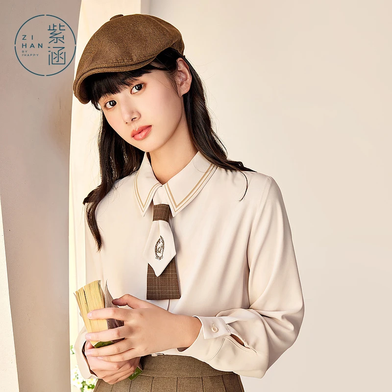 紫涵撞色刺绣衬衫秋新款长袖衬衣复古领结Z3Z01AS140学院风