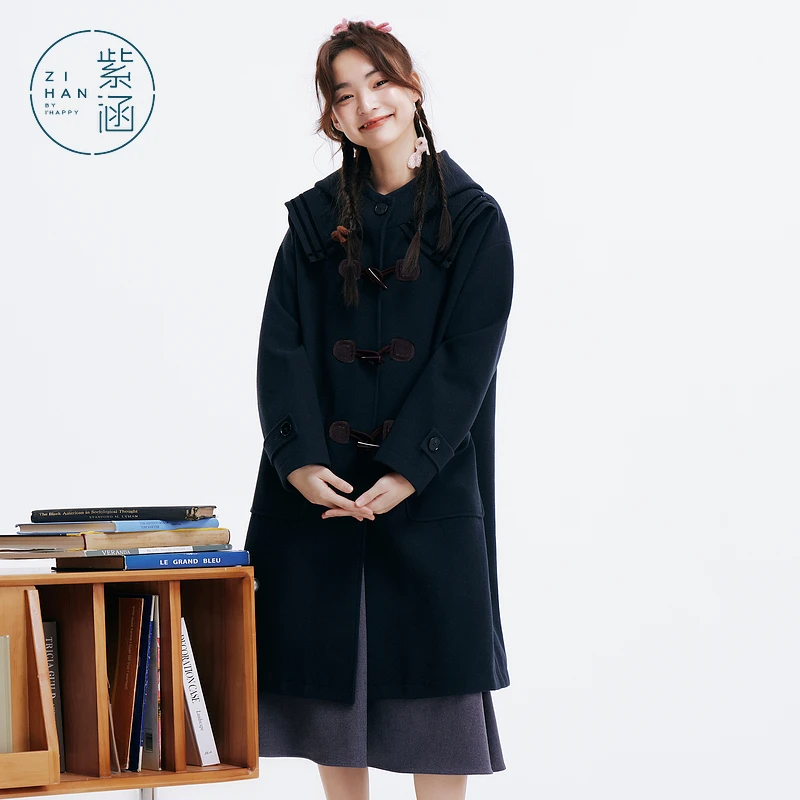 紫涵长款翻领连帽牛角扣毛呢大衣女冬季新款外套Z4Z10AN623