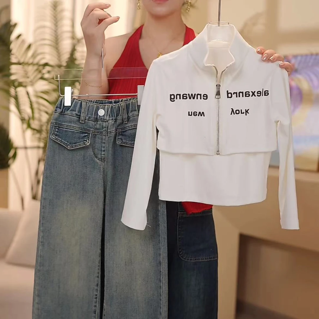 【QM】 2024秋季新款女童秋款韩版休闲上衣+牛仔裤套装-QM-3227