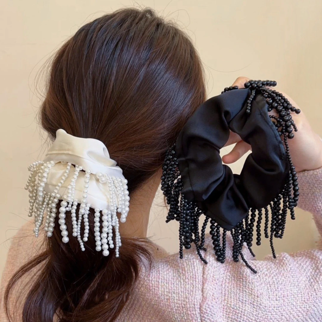 手工流苏串珠发圈~丸子头发绳布艺女简约气质韩版发饰大肠圈发饰
