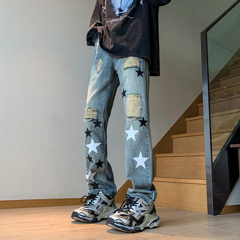 美式复古星星牛仔裤男款欧美风高级感裤子高街vibe修身破洞直筒裤