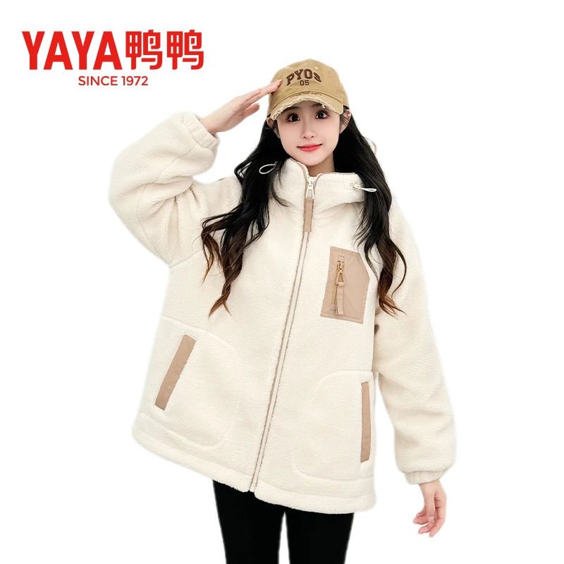 YAYA/鸭鸭女款户外加绒立领连帽加厚保暖秋冬羊羔绒YE4B620382H