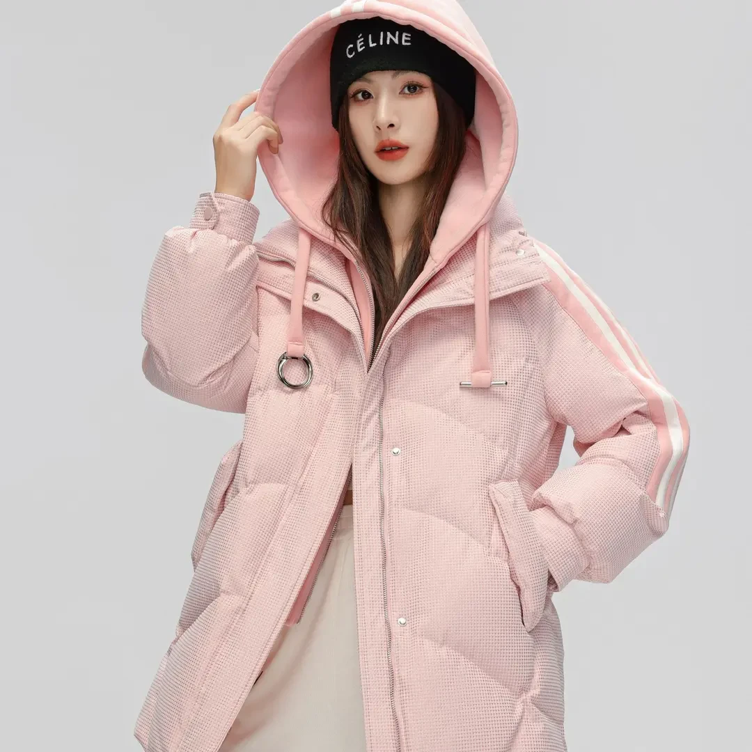 鸭鸭羽绒服女假两件针织连帽中长款韩版休闲运动保暖YE3B617743W