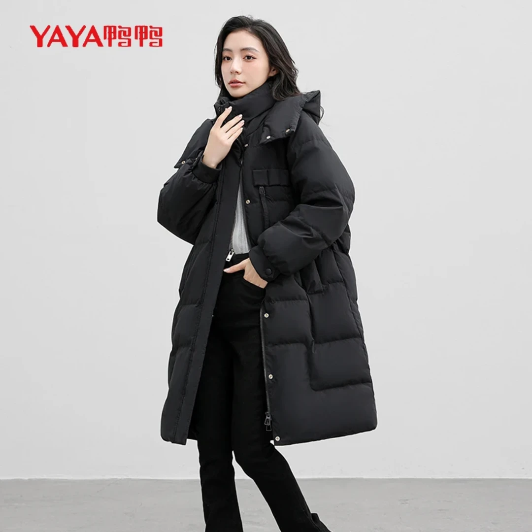YAYA/鸭鸭2024时尚长款立领连帽保暖休闲长款羽绒服YE3B604602H