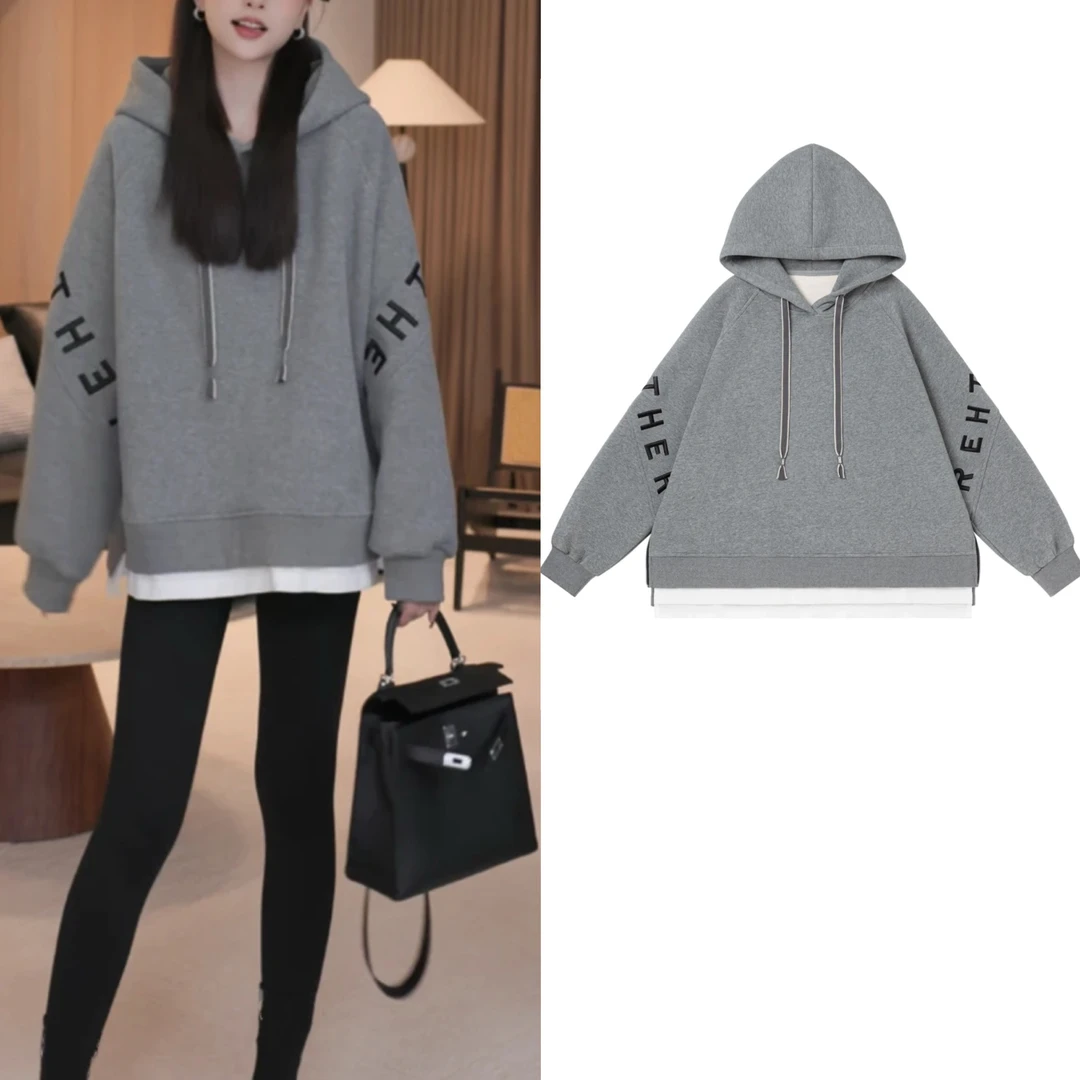 【收藏家韩版冬季新款刺绣字母假两件复合绒克连帽卫衣