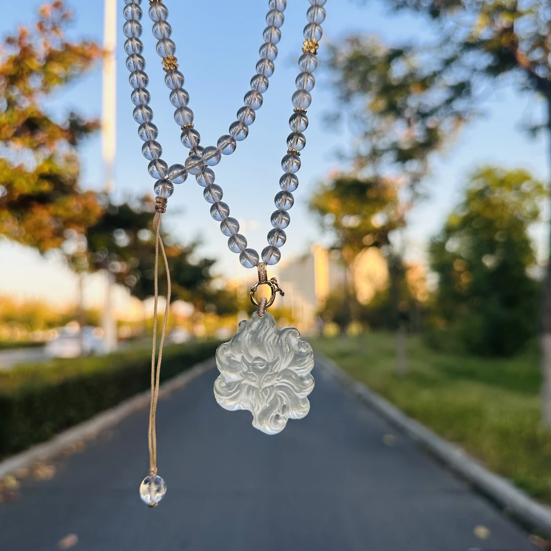 天然黄水晶凤九狐狸吊牌雕刻件项链毛衣链