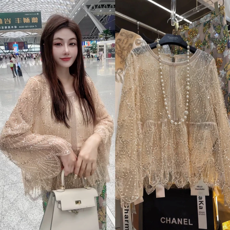 【金凤玉露】61152重工珠片喇叭袖套头上衣蕾丝衫衬衫