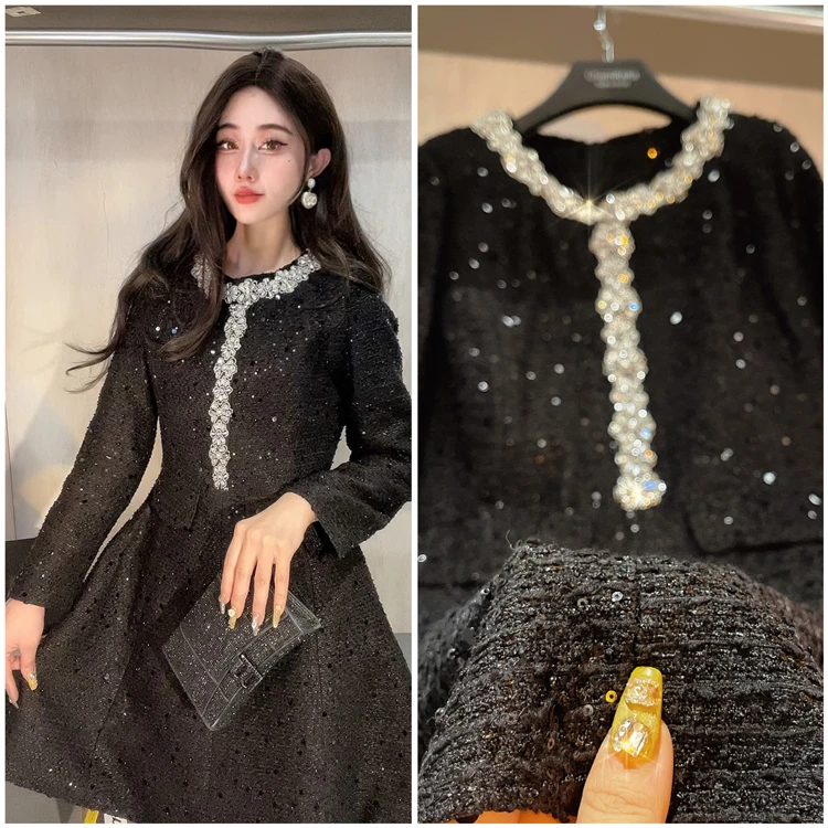 【梵高之夜】60210品牌CharmKaKa亮丝珠片花朵镶边法式香风连衣裙