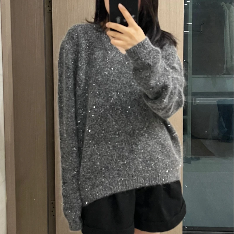2025秋冬新款休闲百搭时尚针织V领慵懒风上衣5566