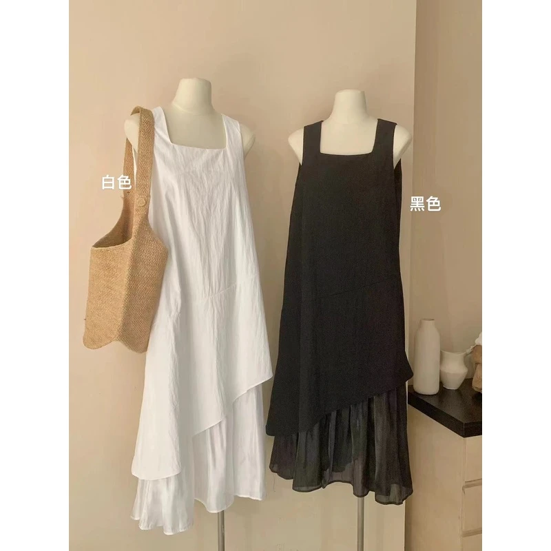 有口袋有内衬     小众设计感拼接假两件背心裙10270