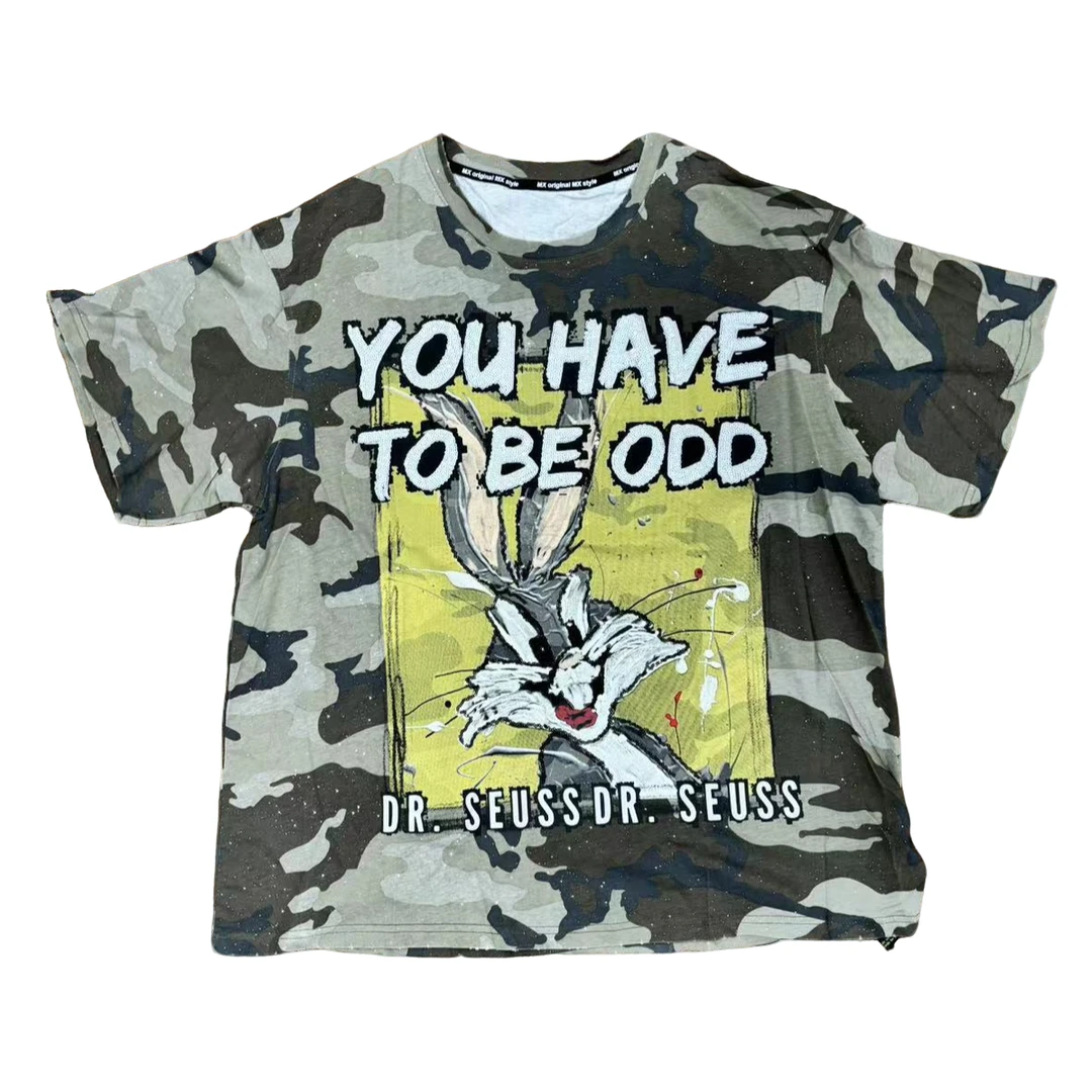 二龙欧货女装【MX潮牌】夏季宽松休闲时尚百搭亮片迷彩兔T恤20206