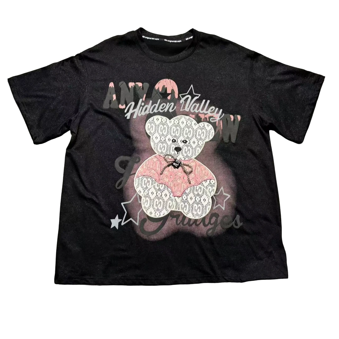 二龙欧货女装【MX潮牌】贴布蕾丝小熊短袖62101