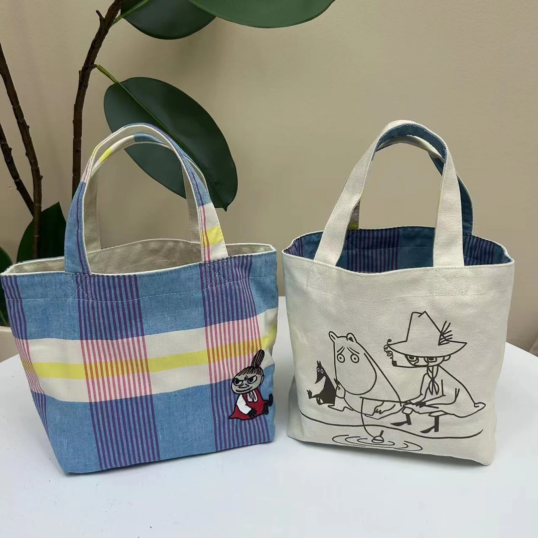 28x20x12cm新款日系双面专用重磅帆布手拎包蓝格便当袋手提包