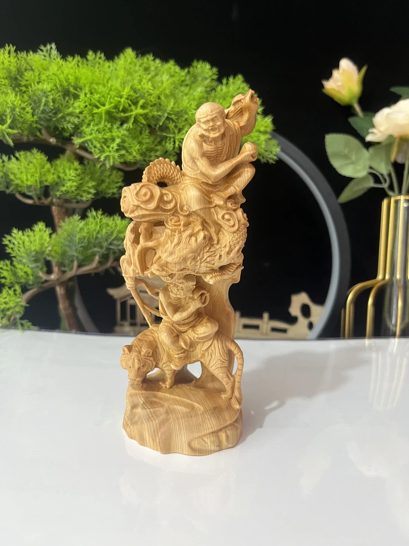 柏木降龙伏虎罗汉木雕工艺品高16/6/5