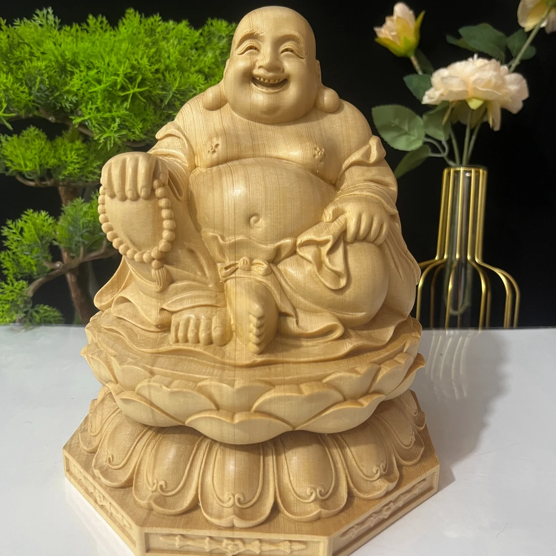 桧木坐莲花念珠布袋弥勒实木文玩家居装饰摆件木雕工艺品 高20/16