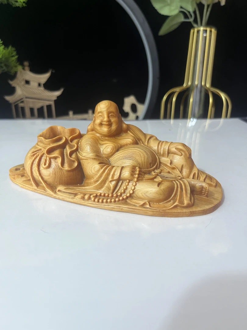 柏木布袋弥勒实木车摆件木雕工艺品15/6/5