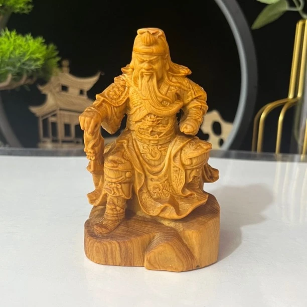 柏木关公车摆件实木木雕工艺品尺寸10/6/5