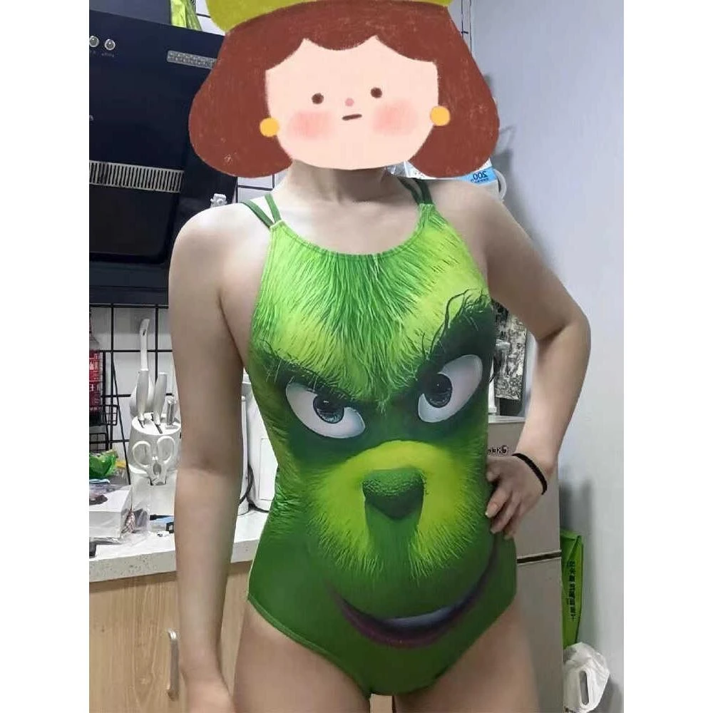 女生泳衣2024新款竞速连体泳衣显瘦遮肚子高级感可爱显眼包绿毛怪