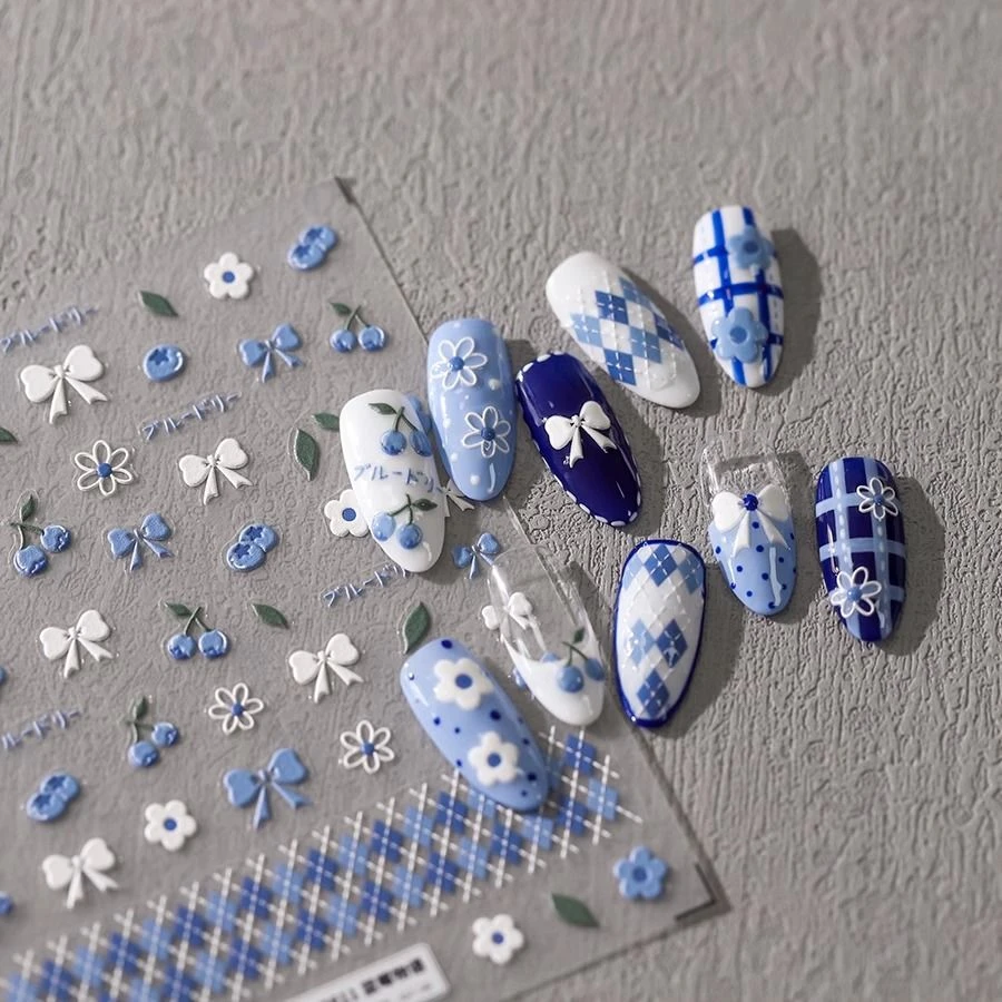 小红书爆款蓝莓物语美甲贴纸浮雕防水背胶指甲贴饰品立体蝴蝶结