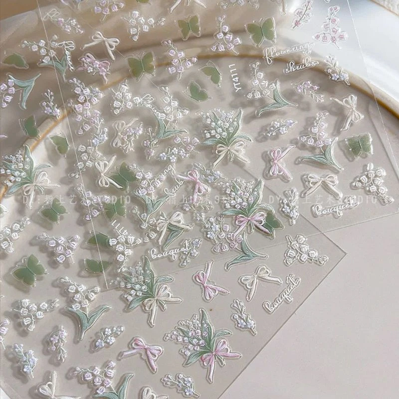 网红爆款高级纯欲少女贵妇风铃兰蝴蝶浮雕美甲花朵背胶仙女指甲贴