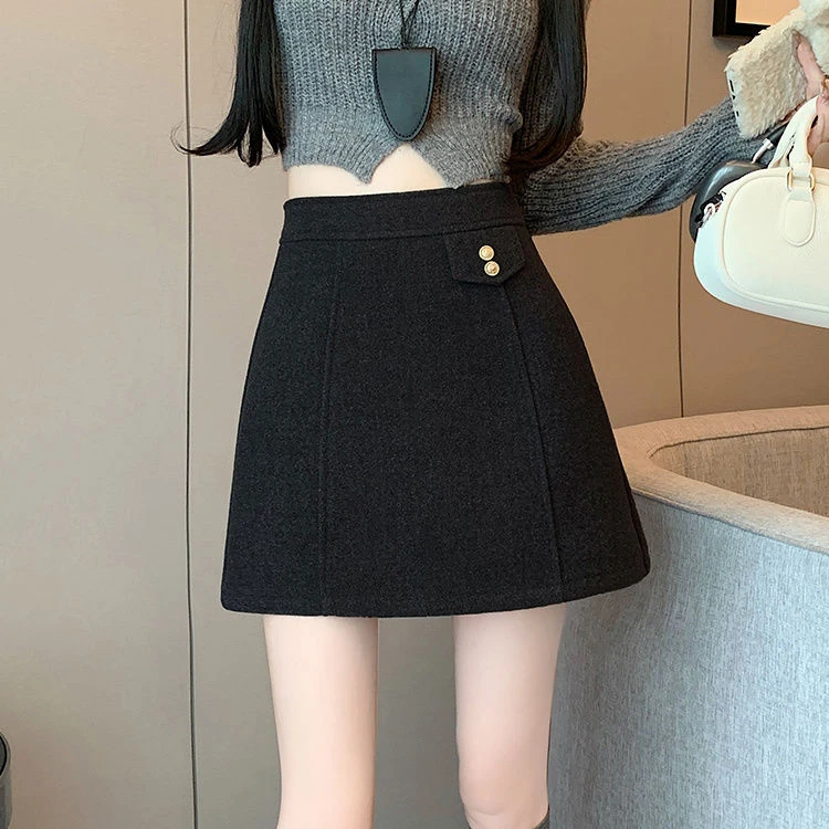 灰色毛呢半身裙秋冬2025新款高腰A字裙小个子包臀裙气质显瘦短裙
