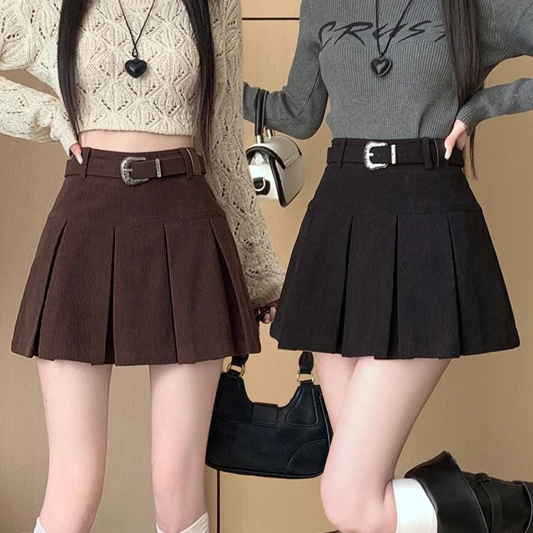 灯芯绒百褶裙秋冬2025新款高腰A字半身裙复古百搭包臀裙显瘦短裙