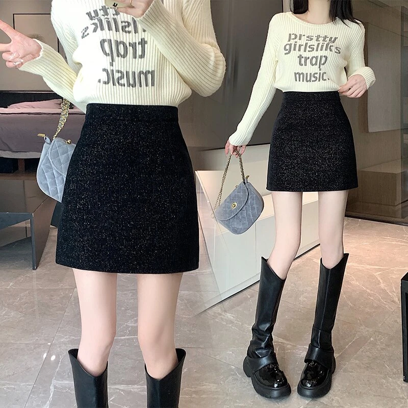 雪尼尔半身裙秋冬2025新款高腰显瘦A字裙时尚包臀裙亮丝百搭短裙