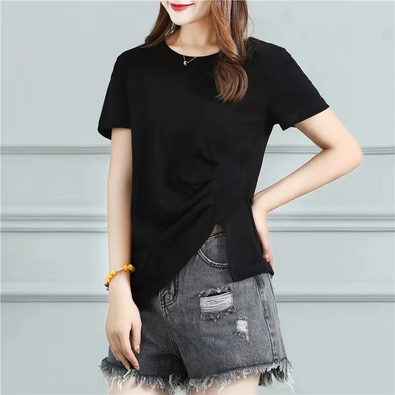 2024夏季短袖T恤女大码显瘦不规则侧开叉上衣百搭弹力宽松半袖
