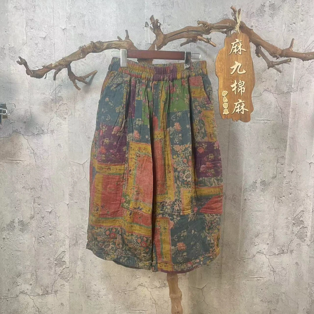 `麻九~原创早秋新款复古斜纹亚麻数码印花百搭裤(裤长75 臀围130)