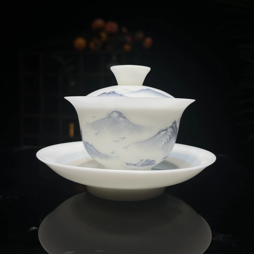 冰种超薄胎手绘三才盖碗功夫茶具羊脂白瓷茶碗高档中式陶瓷茶盖碗