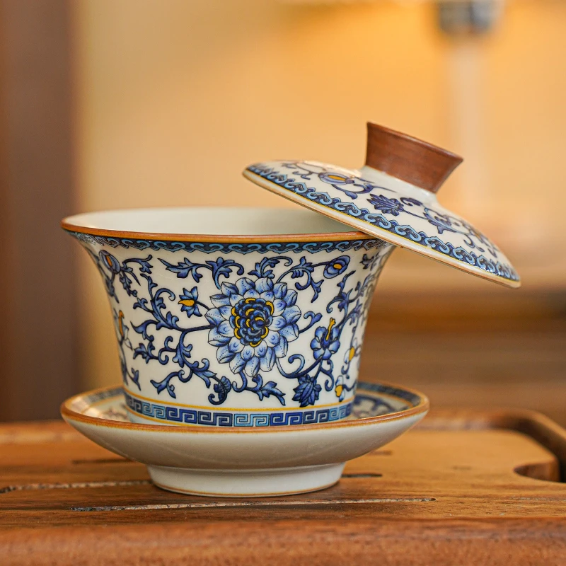 复古汝窑青花缠枝盖碗茶盖碗中式高档防烫旋转悬停家用功夫茶具