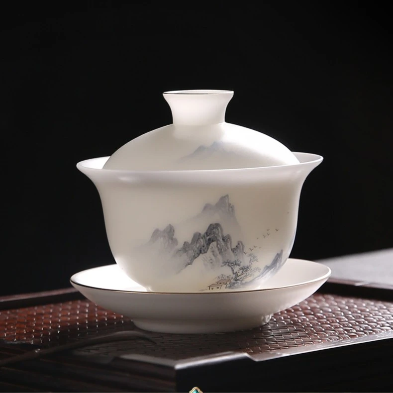 齐毅冰种大师手绘山水三才盖碗茶杯单个高档茶碗家用泡茶功夫茶具