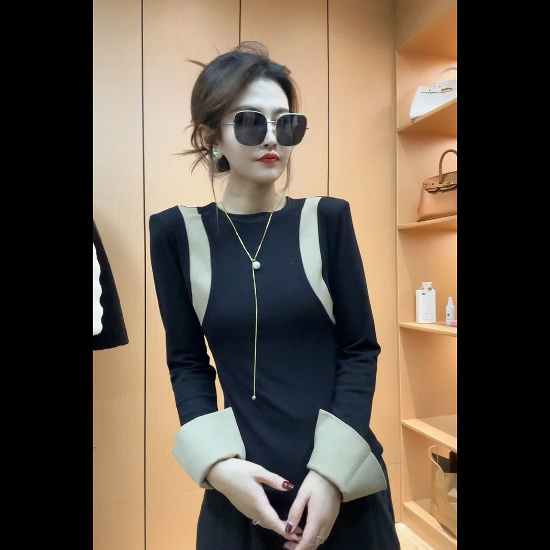 【姜千万】加绒撞色拼接打底衫